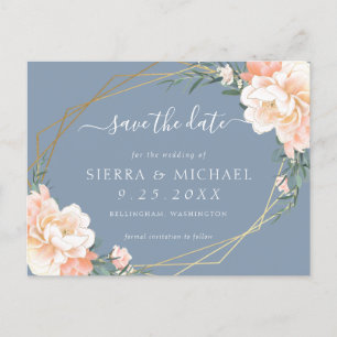 Chic Dusty Blue Peach Gold Floral sla de datum op Aankondigingskaart