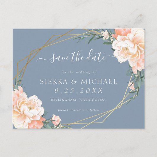 Chic Dusty Blue Peach Gold Floral sla de datum op Aankondigingskaart (Voorkant)