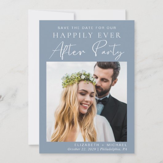 Chic Dusty Blue Photo Wedding Reception Save The Date (Voorkant)