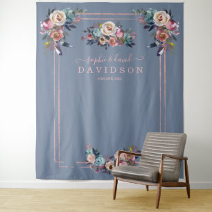 Chic Dusty Blue Pink Floral Roos Gold Photo Booth Wandkleed