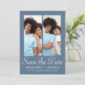 Chic Dusty Blue Script Photo Wedding Sla de datum  (Staand voorkant)