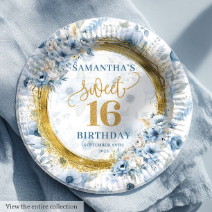 Chic Dusty Blue Sweet Sixteen Gold Glitter Borden Papieren Bordje