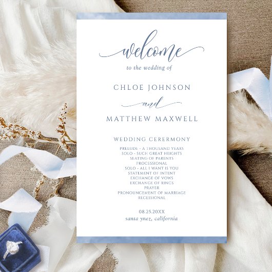 Chic Dusty Blue Waterverf Lijst Wedding Programme