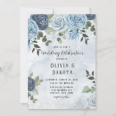 Chic Dusty Blue Waterverf Rustic Floral Wedding Kaart (Voorkant)
