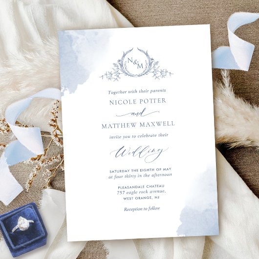 Chic Dusty Blue Waterverf Stains Monogram Weddensc Kaart