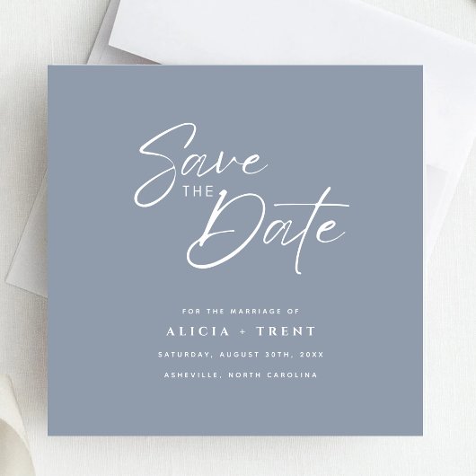Chic Dusty Blue & White Calligraphy Save the Date Kaart