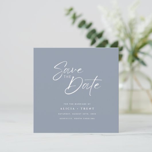 Chic Dusty Blue & White Calligraphy Save the Date Kaart (Staand voorkant)