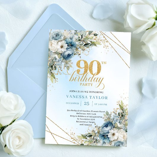 Chic Dusty Blue White Flowers 90th Birthday Invite Kaart