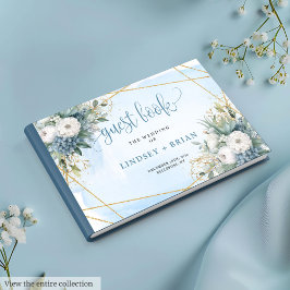 Chic Dusty Blue White Gold Floral Guest Book Gastenboek