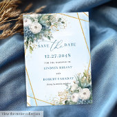 Chic Dusty Blue White Gold Floral Save The Date Kaart