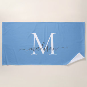 Chic Dusty Blue White Monogram Elegant Grey Script Strandlaken
