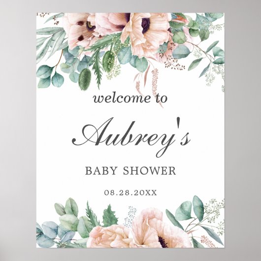 Chic Dusty Pink Blush Floral Baby shower Welkom Poster (Voorkant)