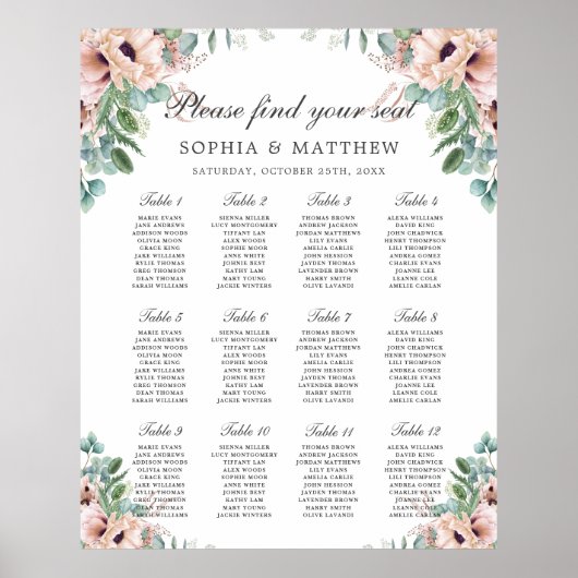 Chic Dusty Pink Blush Floral Wedding Seating Chart Poster (Voorkant)