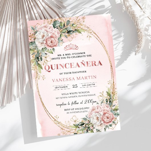 Chic Dusty Pink Floral Eucalyptus Quince Invites Kaart