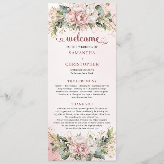 Chic Dusty Pink Floral Eucalyptus Wedding Program Programmakaart (Voorkant)