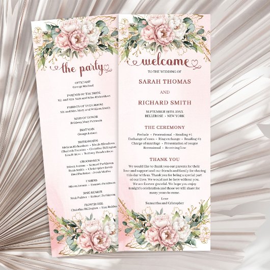 Chic Dusty Pink Floral Eucalyptus Wedding Program Programmakaart
