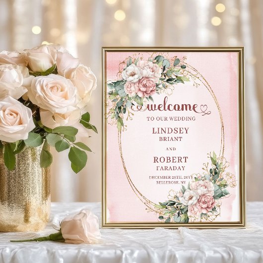 Chic Dusty Pink Flowers Gold Glitter Welcome Sign Poster