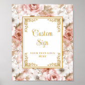 Chic Dusty Pink Flowers Gold Trouwtafel Teken Poster (Voorkant)