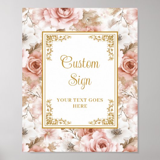 Chic Dusty Pink Flowers Gold Trouwtafel Teken Poster (Voorkant)