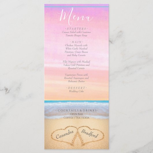 Chic Dusty Pink Paarse 2 hart strand bruiloft Menu (Voorkant)