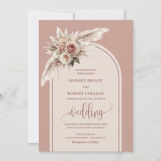 Chic Dusty Pink Pampas Roses Wedding Invitation Kaart (Voorkant)