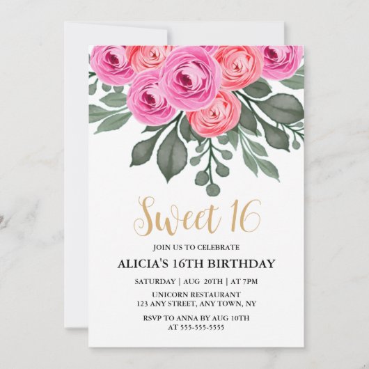 Chic Dusty Pink Rose Groen Sweet 16 Verjaardag Kaart (Voorkant)