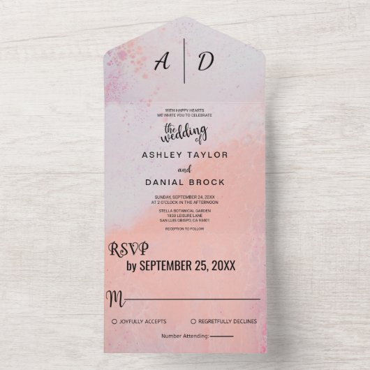 Chic dusty roos All in One Wedding Invite All In One Uitnodiging (Binnen)