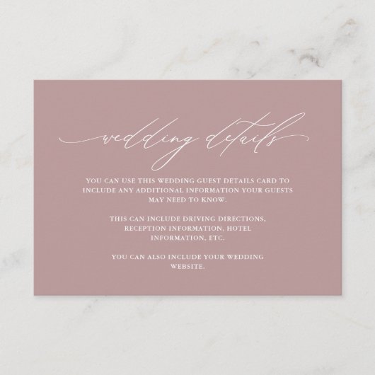 Chic Dusty Roos Calligraphy Wedding Guest Details Informatiekaartje (Voorkant)