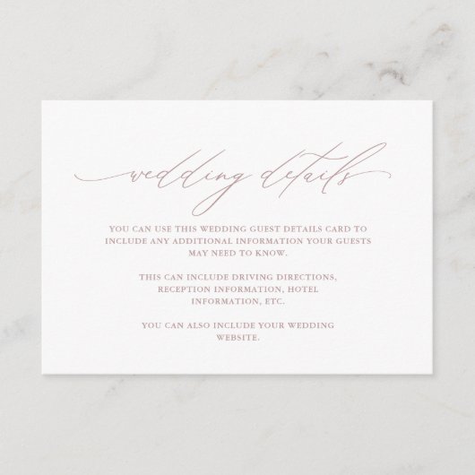 Chic Dusty Roos Calligraphy Wedding Guest Details Informatiekaartje (Voorkant)