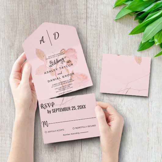 Chic dusty roos floral All in One Wedding Invite All In One Uitnodiging
