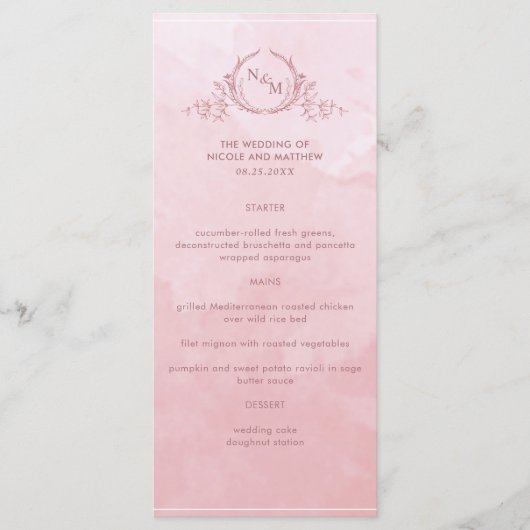 Chic Dusty Roos Waterverf, Monogram Weddenschap Me Menu (Voorkant)