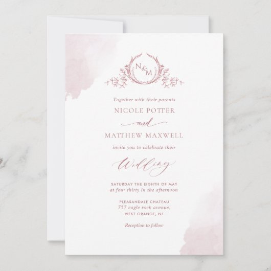 Chic Dusty Roos Waterverf Stains Monogram Weddensc Kaart (Voorkant)