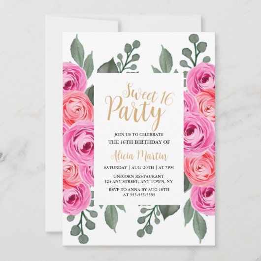 Chic Dusty Roze Rose Groen Goud Sweet 16 Party Kaart (Voorkant)