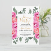 Chic Dusty Roze Rose Groen Goud Sweet 16 Party Kaart (Staand voorkant)