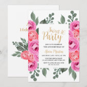 Chic Dusty Roze Rose Groen Goud Sweet 16 Party Kaart (Voorkant / Achterkant)