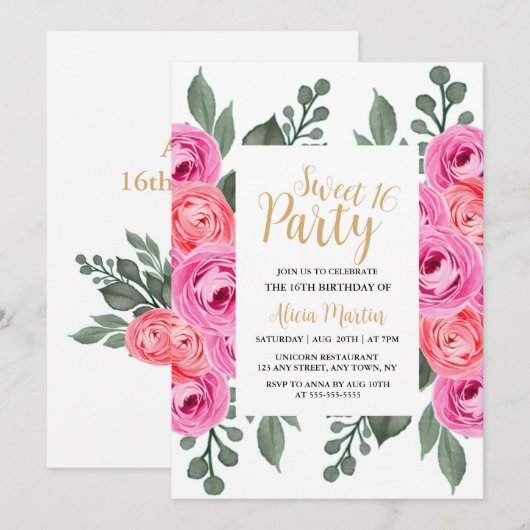 Chic Dusty Roze Rose Groen Goud Sweet 16 Party Kaart (Voorkant / Achterkant)