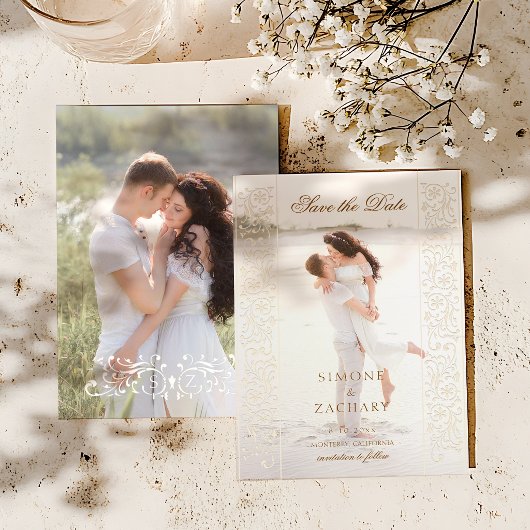 Chic Ecru Scrollwork Photo Wedding Save the Date