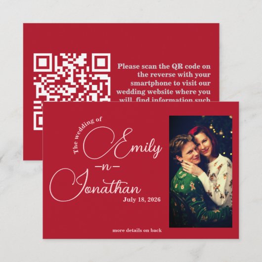 Chic Editorial Deep Red One Photo QR Code Wedding Informatiekaartje (Voorkant / Achterkant)