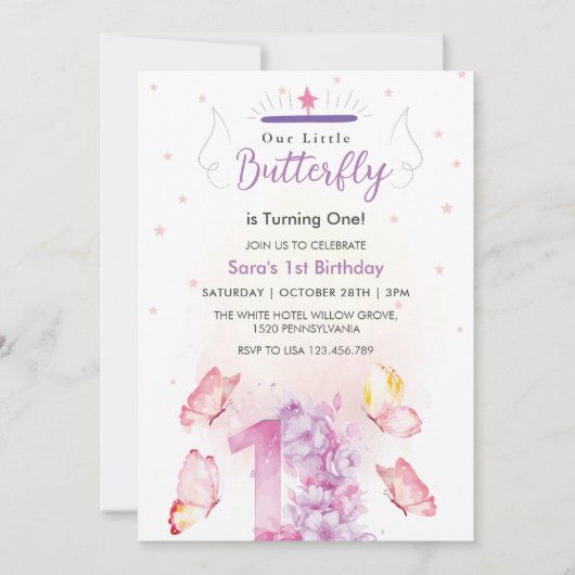 Chic Eerste 1e Verjaardag Paarse Bloemen & Vlinder Kaart (Voorkant)