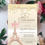 Chic Eiffel Tower Bow Drips Gold Quinceañera Kaart
