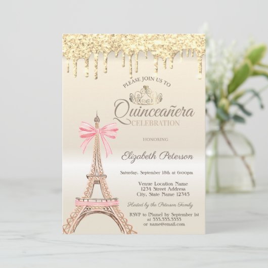 Chic Eiffel Tower Bow Drips Gold Quinceañera  Kaart (Staand voorkant)