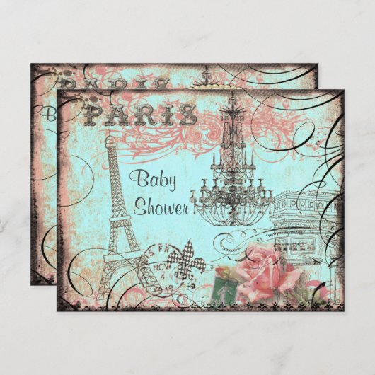 Chic Eiffel Tower & Chandelier Baby shower Kaart (Voorkant / Achterkant)