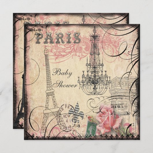 Chic Eiffel Tower & Chandelier Baby shower Kaart (Voorkant / Achterkant)