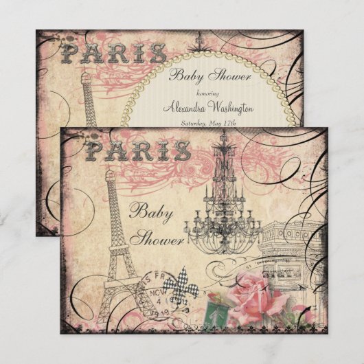 Chic Eiffel Tower & Chandelier Baby shower Kaart (Voorkant / Achterkant)