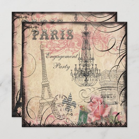 Chic Eiffel Tower & Chandelier Engagement Party Kaart (Voorkant / Achterkant)