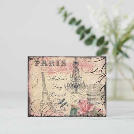 Chic Eiffel Tower & Chandelier Moederdag Brunch Kaart (Staand voorkant)