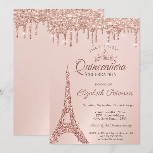 Chic Eiffel Tower, Roos Gold Drivers Quinceañera Kaart (Voorkant / Achterkant)
