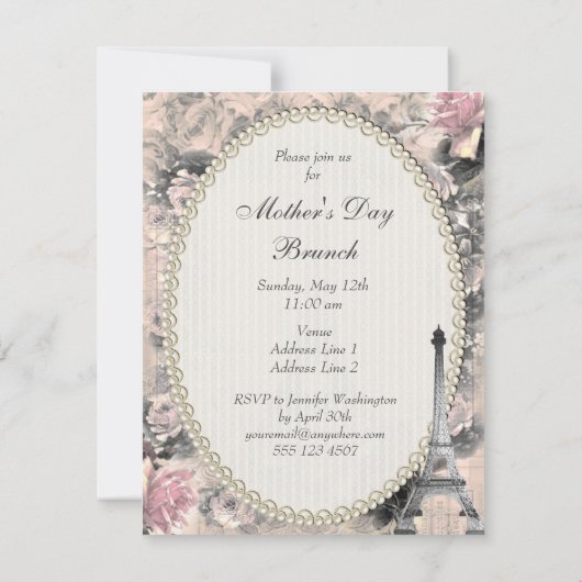 Chic Eiffel Tower & Rozen Moederdag Brunch Kaart (Achterkant)