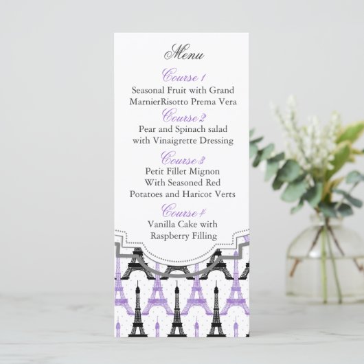 Chic Eiffeltoren Paarse gepersonaliseerde menukaar Menu (Staand voorkant)