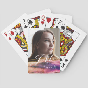 Chic Eigen Paars Blozend Roze Foto Monogram Pokerkaarten